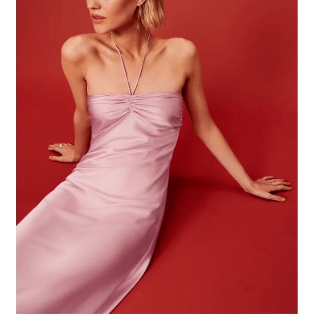 REFORMATION Valora Halterneck Ruched Satin Baby Girl Pink Midi Dress Size 12 - Picture 2 of 8